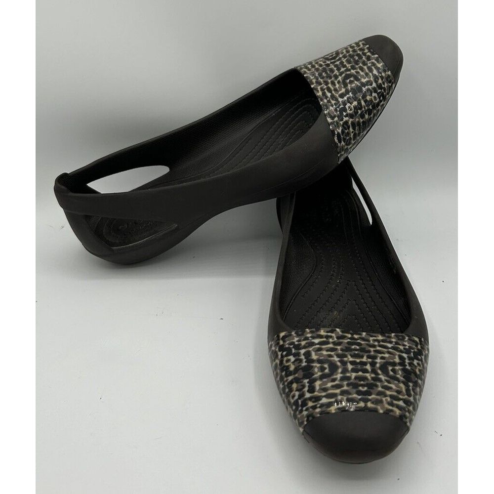 CROCS Women's Black Flats with Leopard-Print Toe Cap